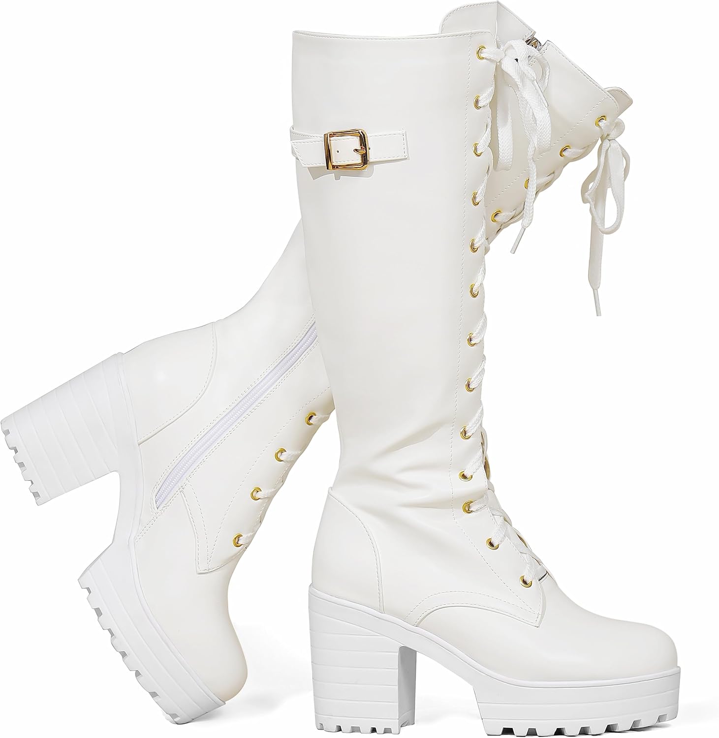 White Gothic Platform Knee-High Boots with Block Heel